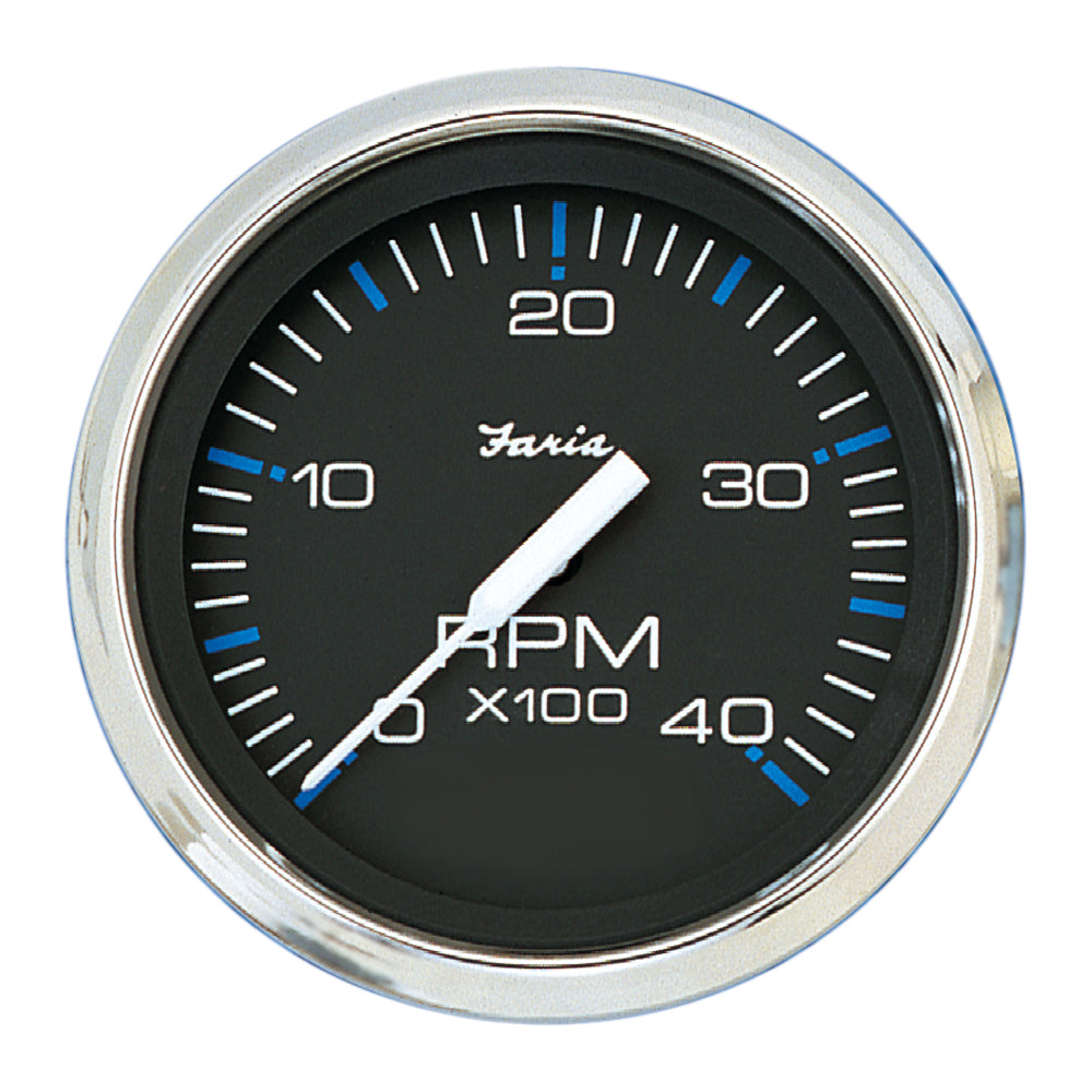Faria Chesapeake Black 4-inch tachometer gauge showing 0-4000 RPM for diesel engines, by Faria Beede Instruments.