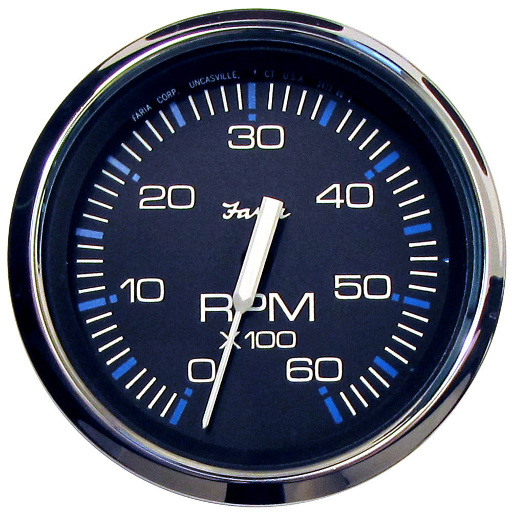 Faria Chesapeake Black 4-inch tachometer gauge displaying 6000 RPM for gas inboard I/O boats, by Faria Beede Instruments.