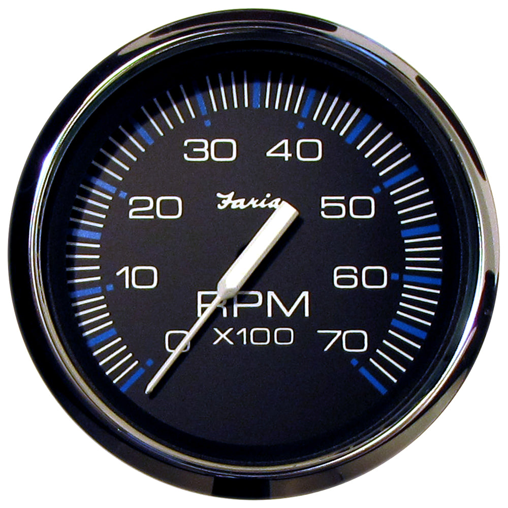 Faria Chesapeake Black 4-inch tachometer gauge for outboard engines, 7000 RPM, designed for gas outboard boats by Faria Beede Instruments.