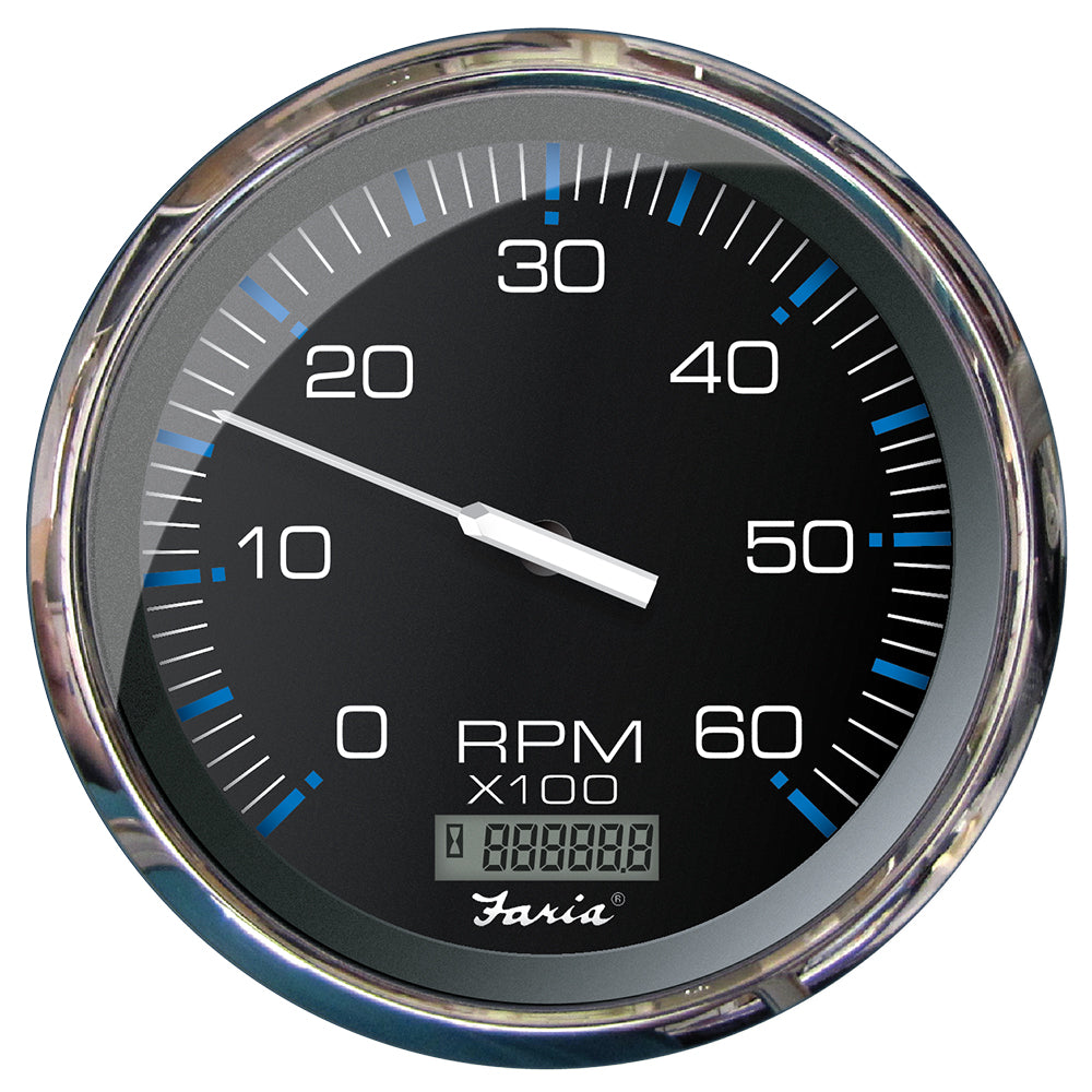 Faria Chesapeake Black 5-inch tachometer with digital hourmeter for gas inboard engines, showing RPM dial and digital display.