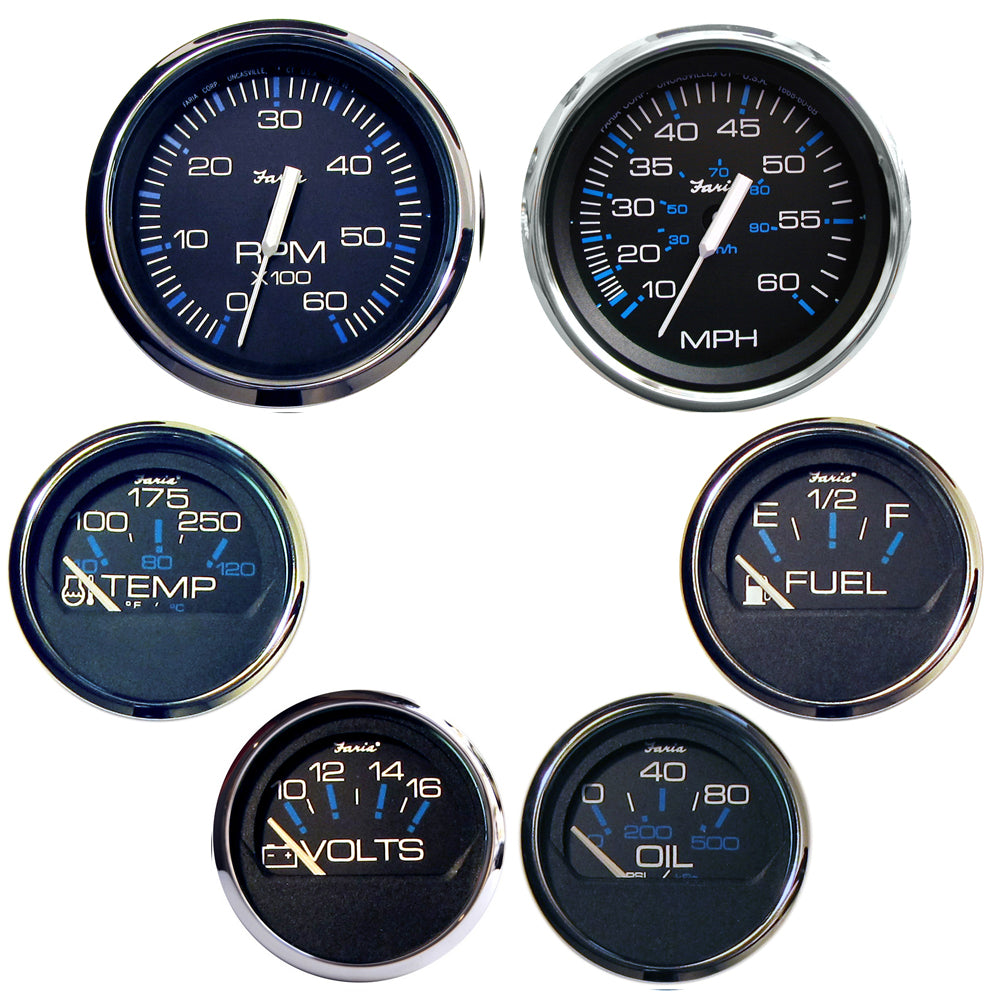 Faria Chesapeake Black SS gauge boxed set for inboard motors, featuring durable black stainless steel marine gauges by Faria Beede Instruments.