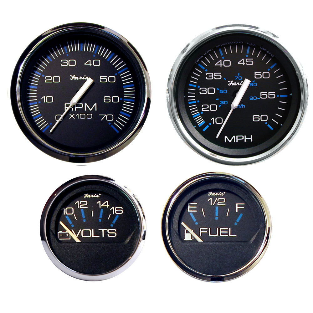 Faria Chesapeake Black SS gauge set for outboard motors, includes multiple gauges with black stainless steel finish, for marine use.