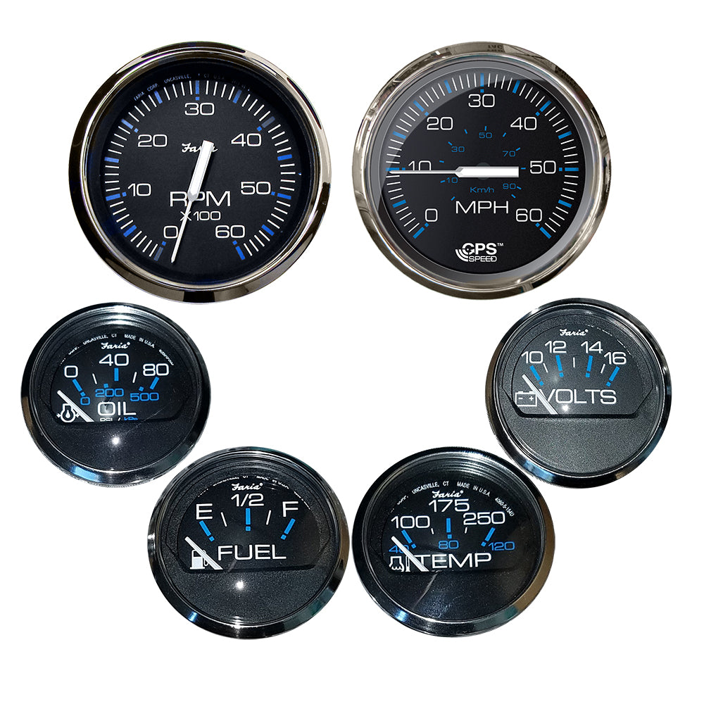 Faria Chesapeake Black avec lunette en acier inoxydable, coffret de 6 compteurs de vitesse, compte-tours, niveau de carburant, voltmètre, température de l&