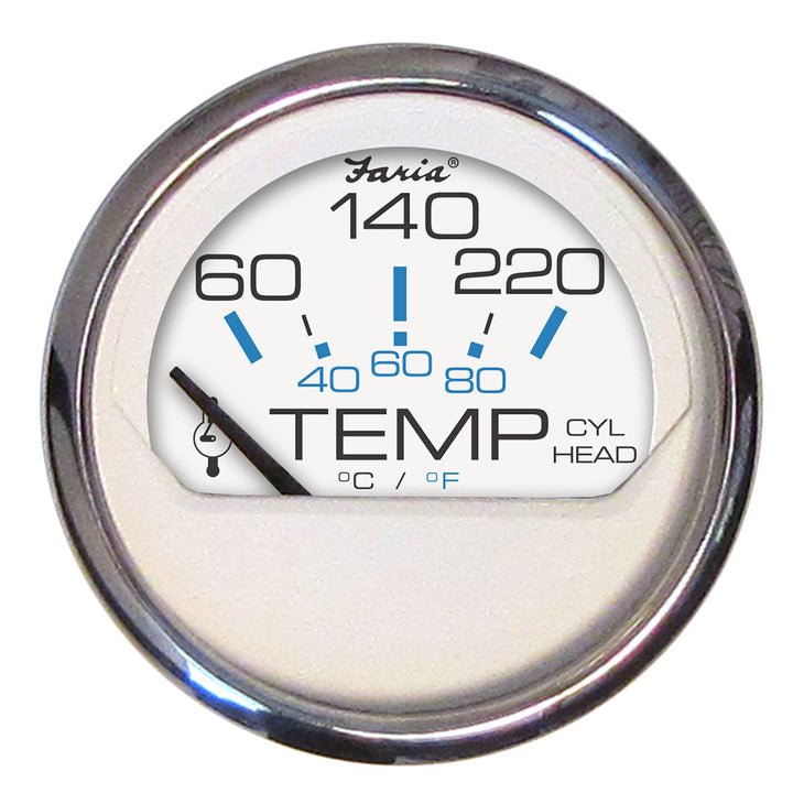 Faria Chesapeake White SS 2-inch Cylinder Head Temperature Gauge displaying temperature range from 60 to 220°F.