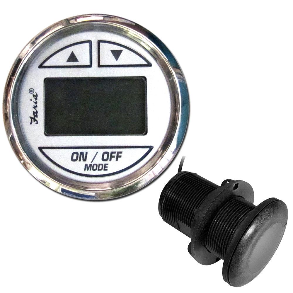 Faria Chesapeake White SS 2" depth sounder gauge with thru-hull transducer for marine navigation and depth measurement.