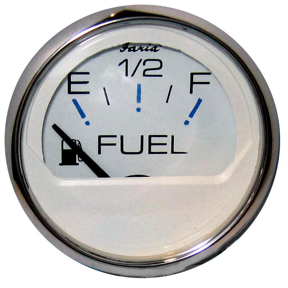 Faria Chesapeake White SS 2-inch fuel level gauge by Faria Beede Instruments showing fuel level indicator in a boat dashboard.