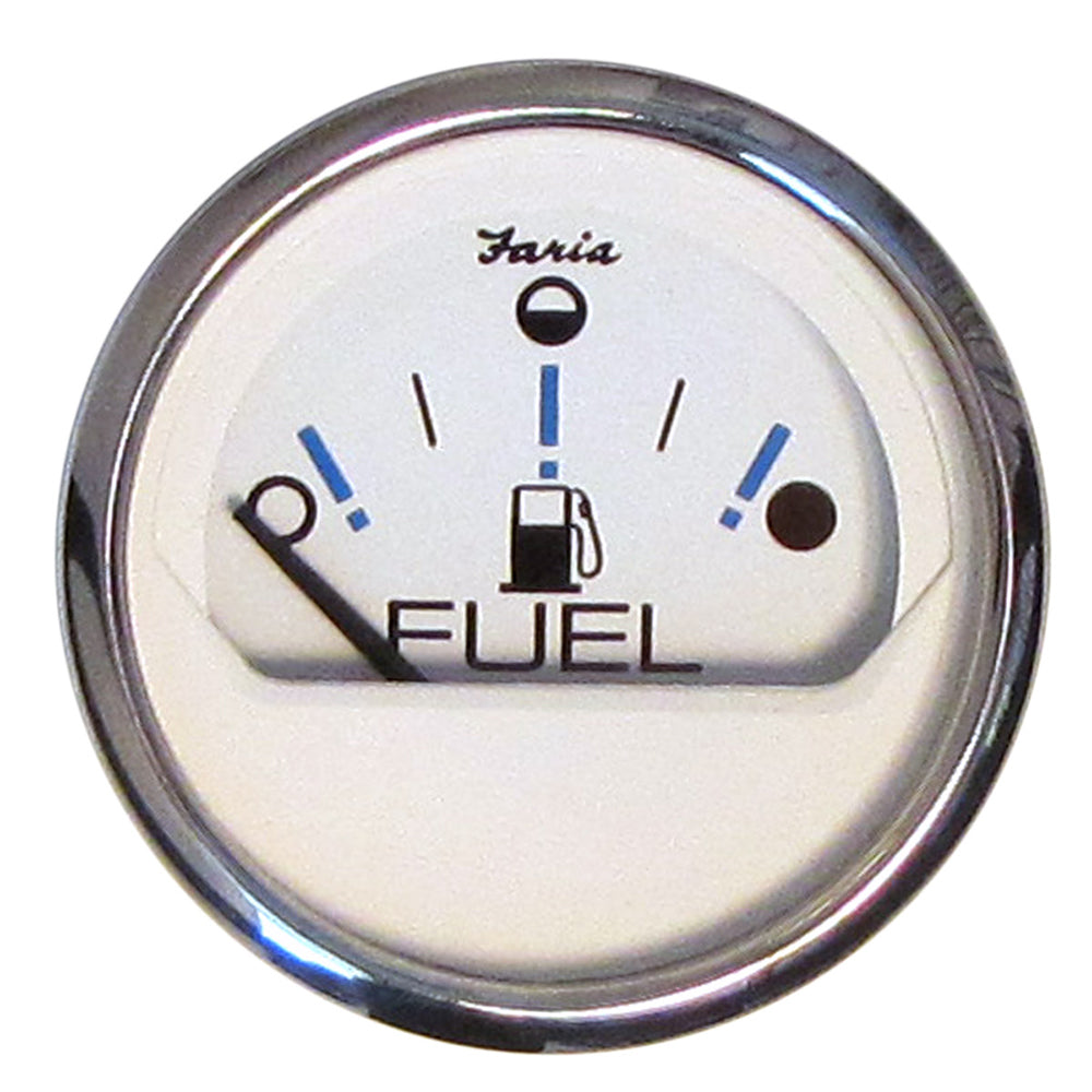 Faria Chesapeake White SS 2-inch fuel level gauge showing metric readings with white background and stainless steel bezel.