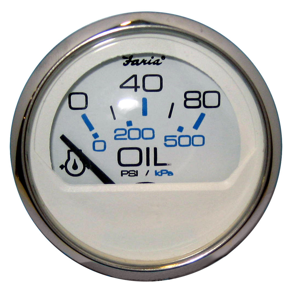 Faria Chesapeake White SS 2-inch oil pressure gauge showing 80 PSI, with white dial and stainless steel casing.