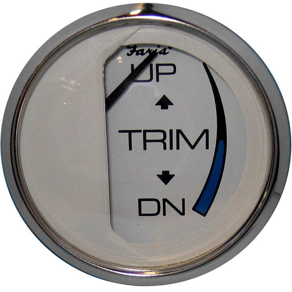 Faria Chesapeake White SS 2-inch trim gauge for Mercury, Mariner, Mercruiser, Volvo DP, and Yamaha boats, showing dial and needle.