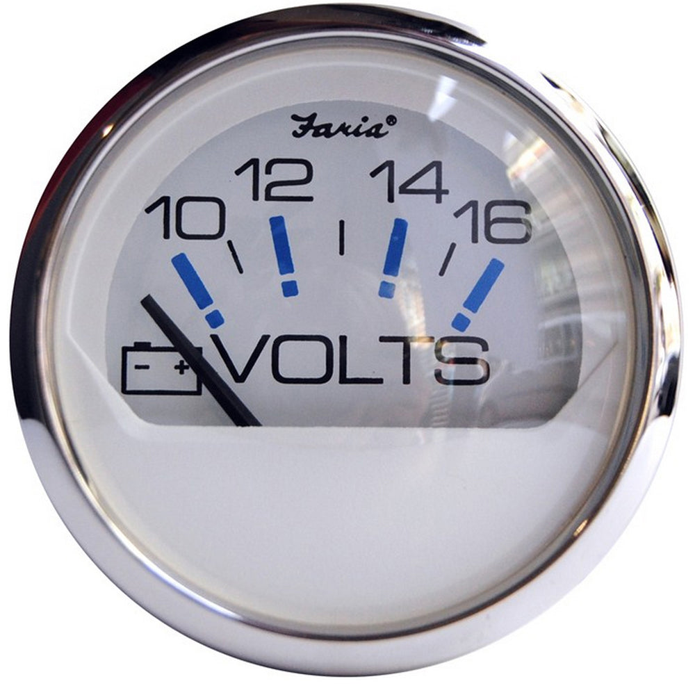 Faria Chesapeake White SS 2-inch voltmeter gauge for 10-16 VDC, displaying voltage readings on a marine instrument panel.
