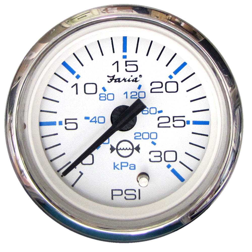 Faria Chesapeake White SS 2-inch water pressure gauge showing 30 PSI, made by Faria Beede Instruments.
