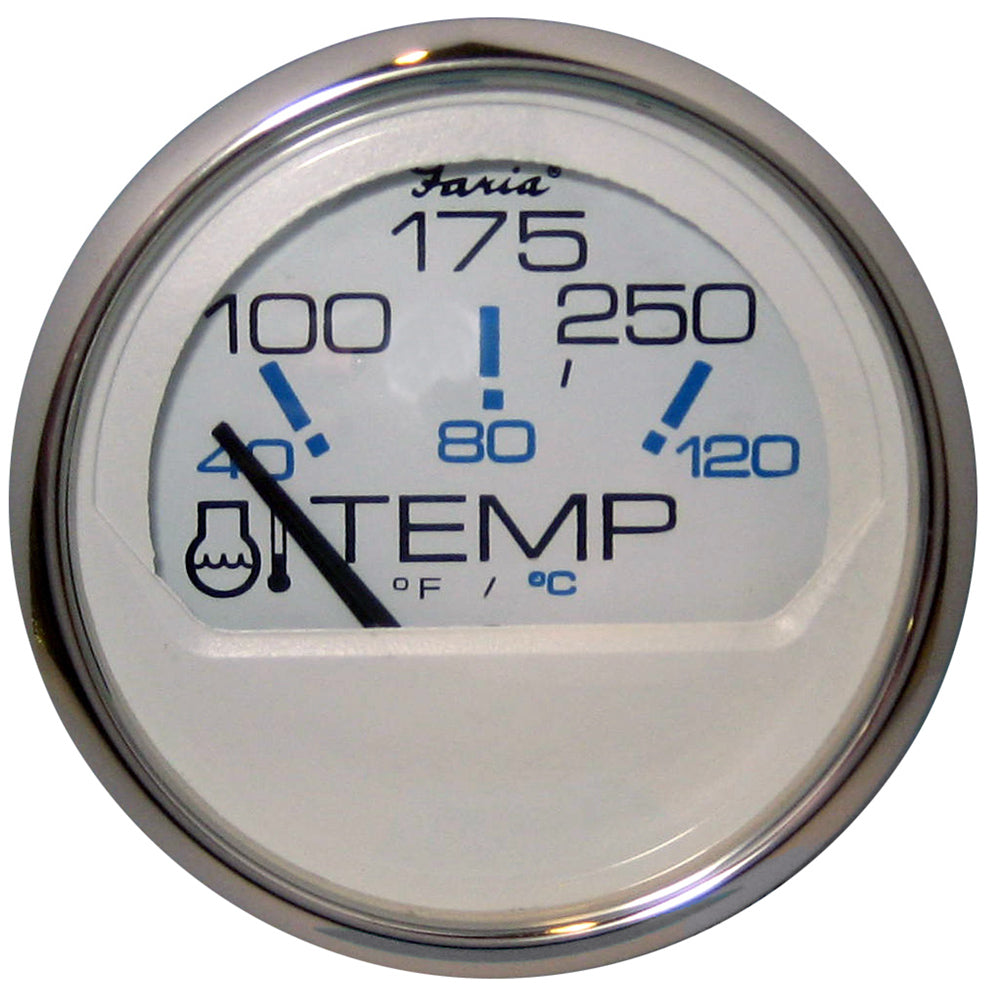 Faria Chesapeake White SS 2-inch water temperature gauge showing 100-250°F range, with white face and stainless steel bezel.