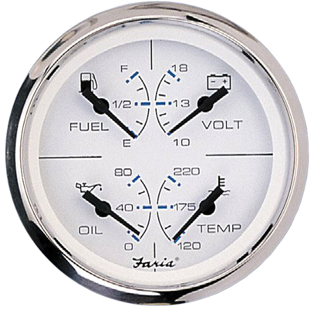Faria Chesapeake White SS 4-inch multifunction gauge showing speed, fuel, and temperature readings on boat dashboard