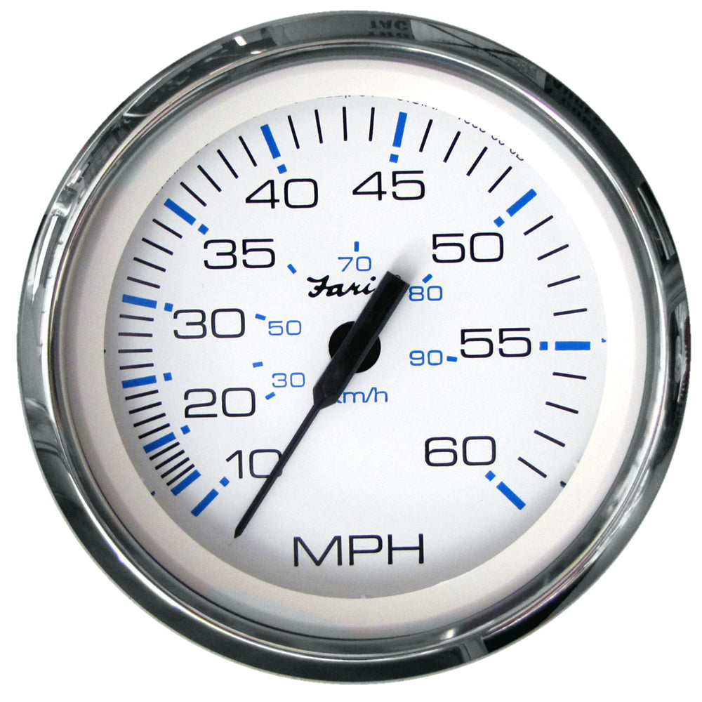 Faria Chesapeake White SS 4-inch Speedometer gauge by Faria Beede Instruments showing 60 MPH with pitot tube, marine boat gauge.