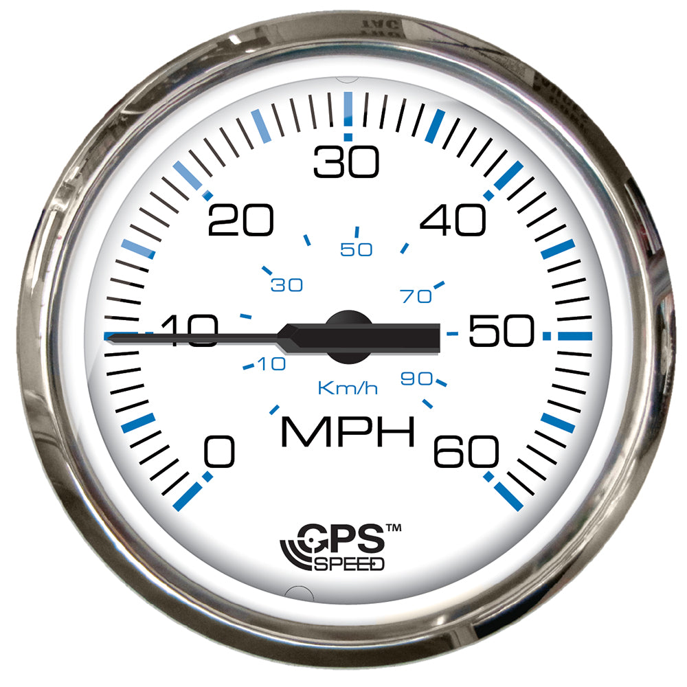 Faria Chesapeake White SS 4-inch studded speedometer gauge showing 60 MPH with GPS features, designed for marine or automotive use.