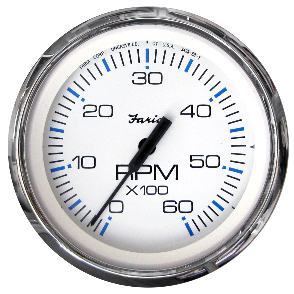 Faria Chesapeake White SS 4-inch tachometer gauge showing 6000 RPM for gas inboard and I/O boats, by Faria Beede Instruments.