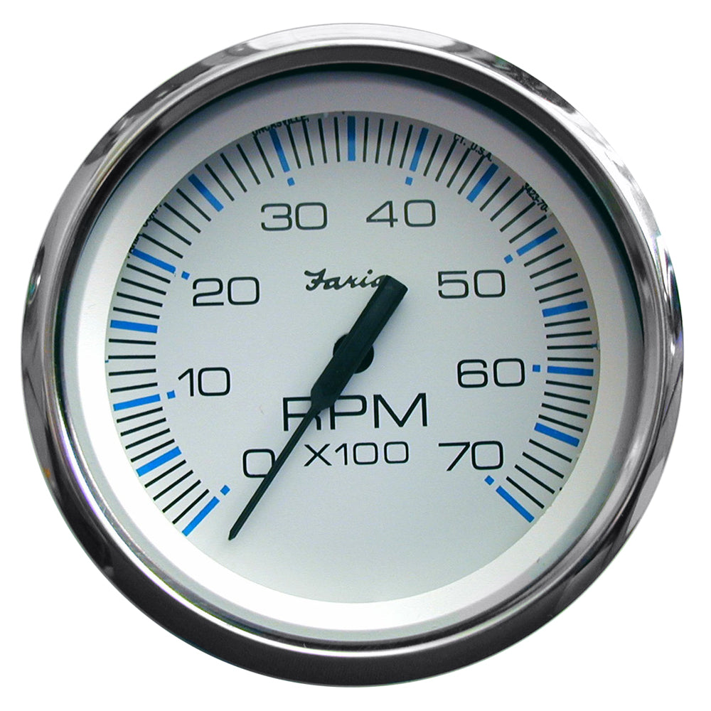 Faria Chesapeake White SS 4-inch tachometer gauge showing 7000 RPM for gas-powered outboard boats by Faria Beede Instruments.