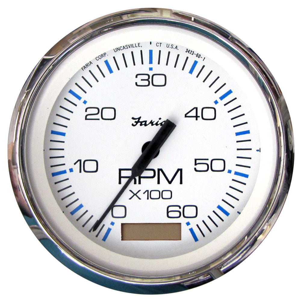Faria Chesapeake White SS 4-inch tachometer with hourmeter for gas inboard engines, 6000 RPM, stainless steel gauge.