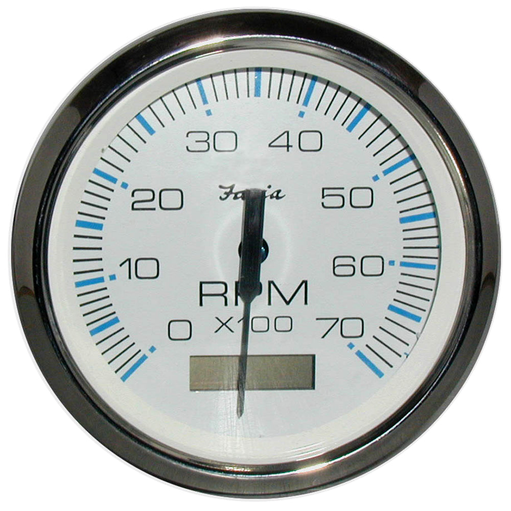 Faria Chesapeake White SS 4-inch tachometer with hourmeter for outboard gas engines, shows RPM up to 7000 on a marine gauge
