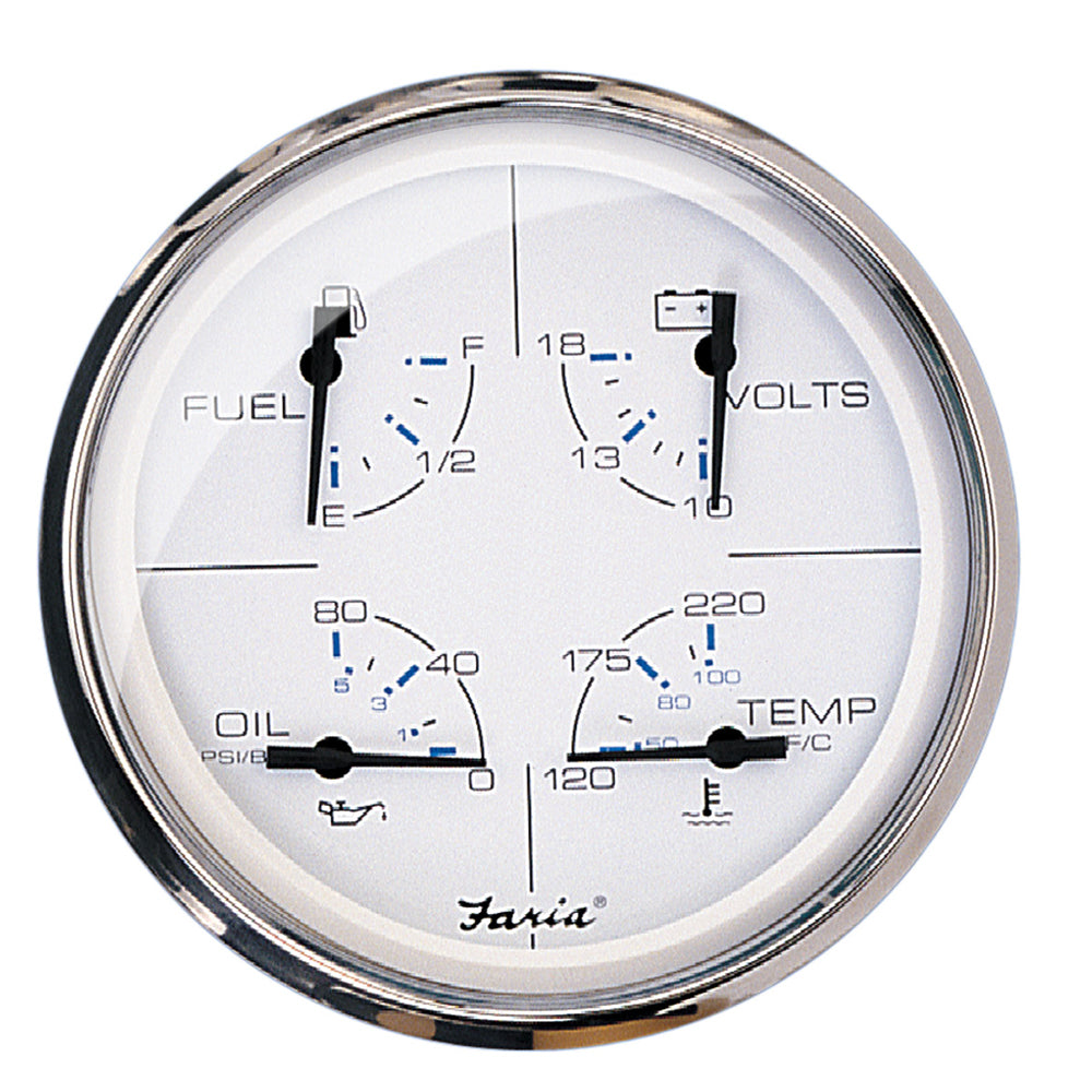 Faria Chesapeake White SS 5-inch multifunction gauge showing speed, fuel, and temperature readings for boat instrumentation.