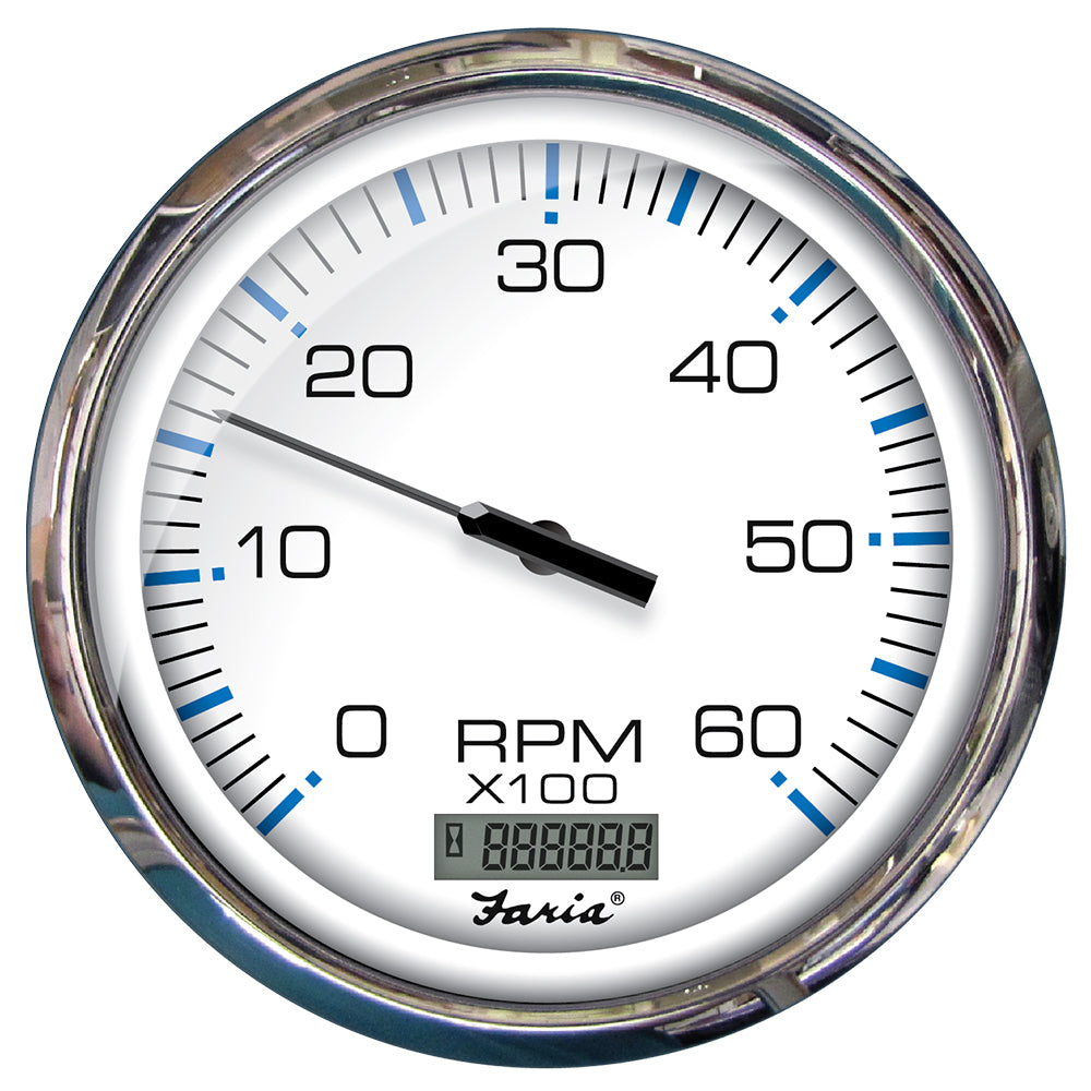 Faria Chesapeake White SS 5-inch tachometer gauge with digital hourmeter for gas inboard engines, 6000 RPM, stainless steel finish.