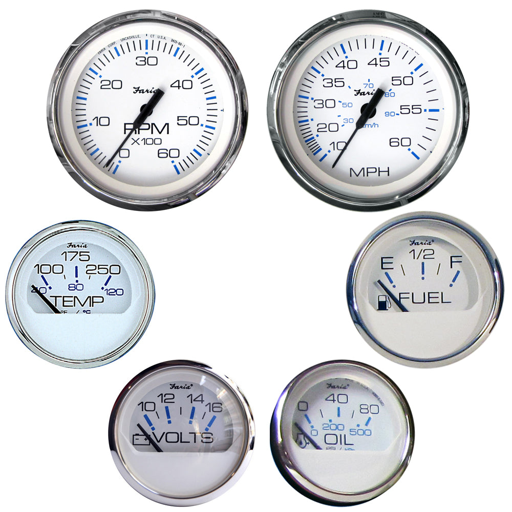Faria Chesapeake White SS instrument gauges boxed set for inboard motors by Faria Beede Instruments, showing white face dials.
