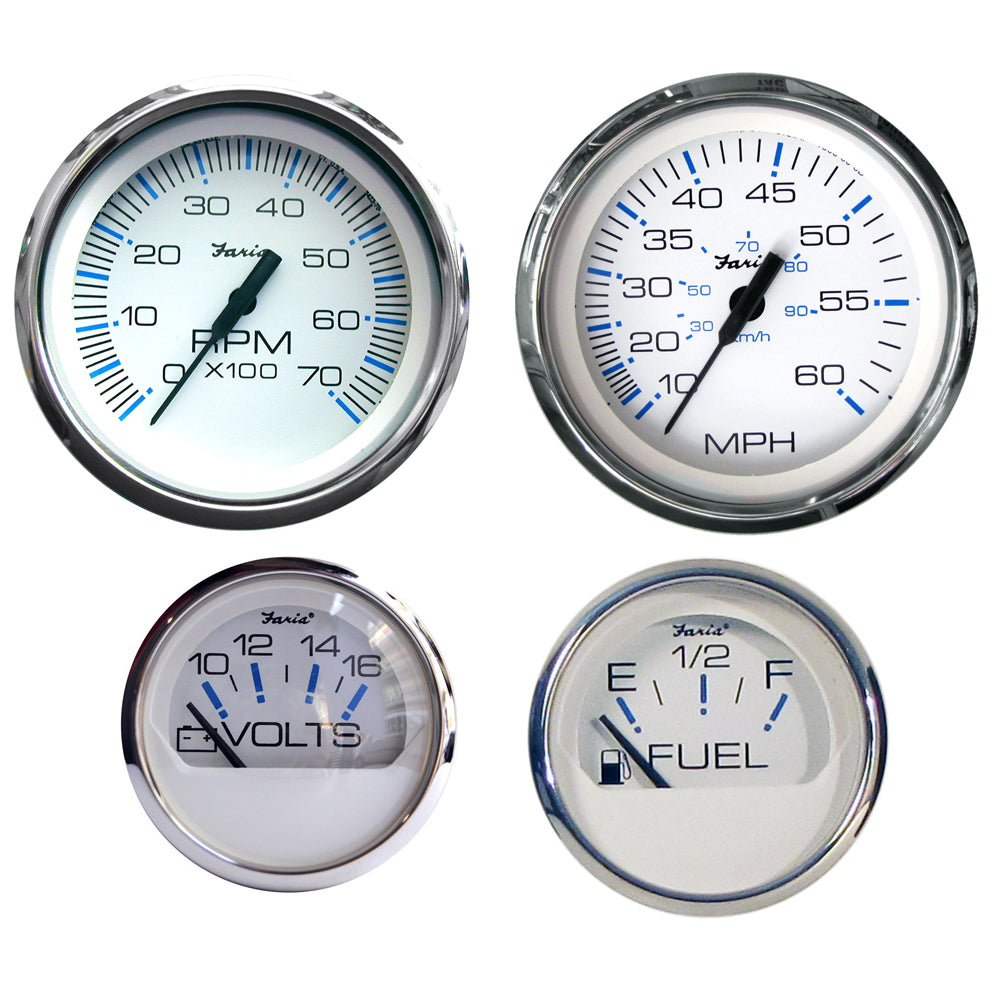 Faria Chesapeake White SS gauges boxed set for outboard motors by Faria Beede Instruments, showing speedometer and tachometer.
