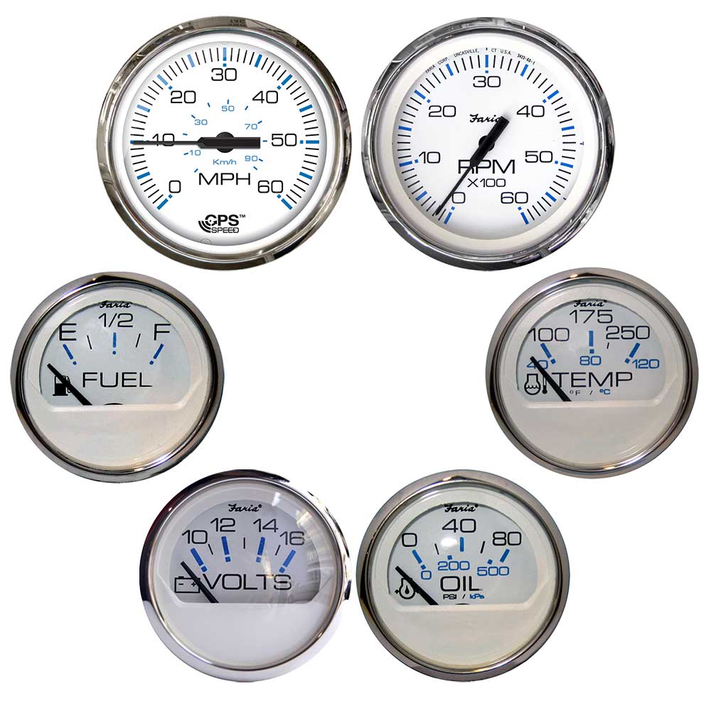 Set of six Faria Chesapeake White gauges with stainless steel bezels for speed, tach, fuel, voltmeter, water temp, and oil PSI for inboard motors.