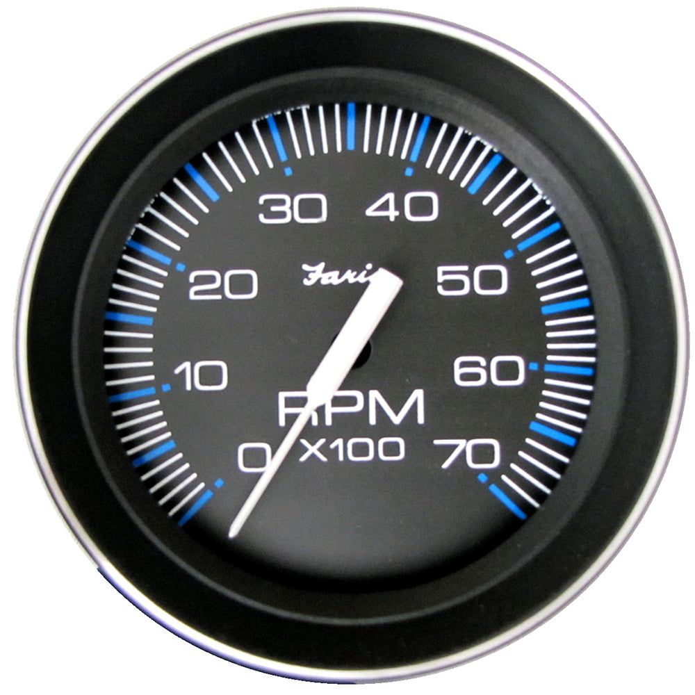 Faria Coral 4-inch tachometer gauge displaying 7000 RPM for outboard engines, by Faria Beede Instruments.