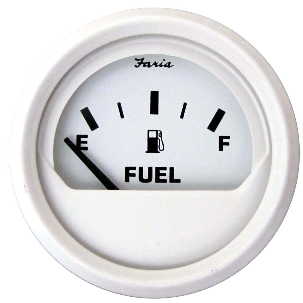 Faria Beede Instruments Faria Dress White 2" Fuel Level Gauge showing a white face with fuel level indicator and measurement markings.