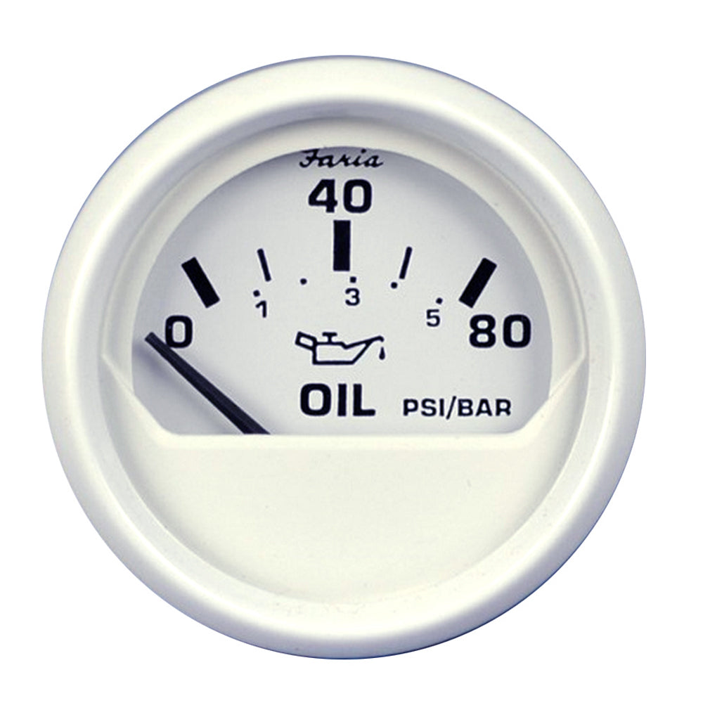 Faria Beede Instruments white 2-inch oil pressure gauge showing 80 PSI, with clear dial and black markings for vehicle monitoring.