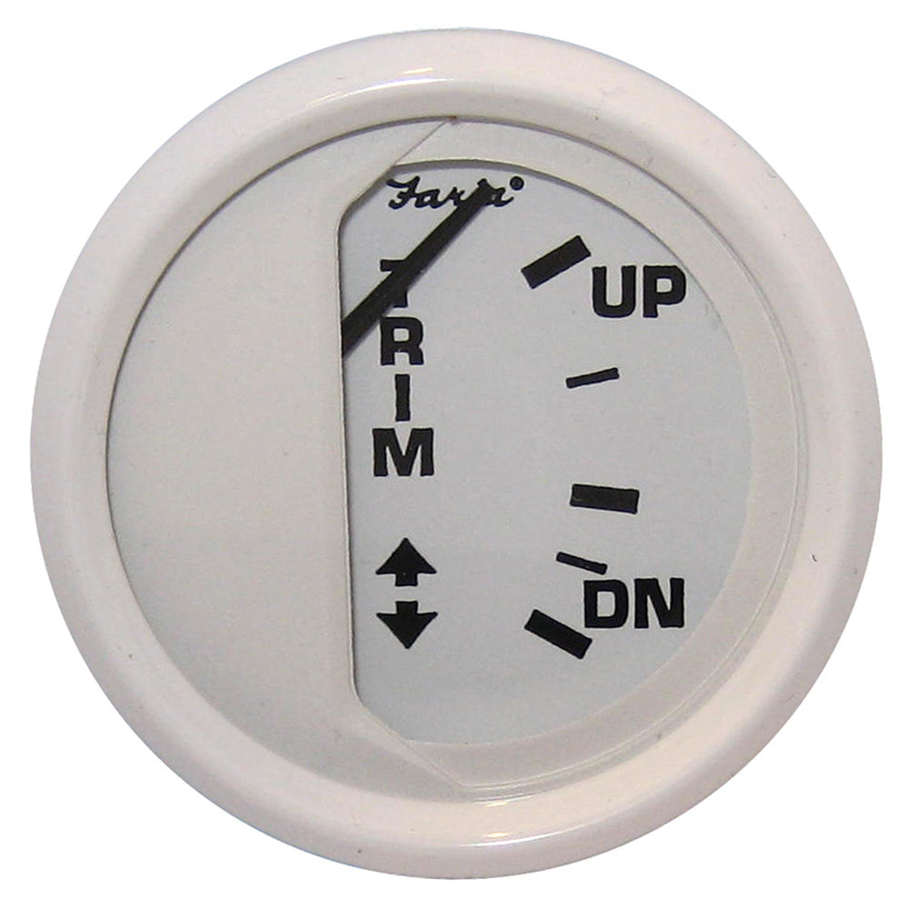 Faria Beede Instruments white 2-inch trim gauge for Mercury, Mariner, Mercruiser, Volvo DP, Yamaha 01+ boats, close-up view