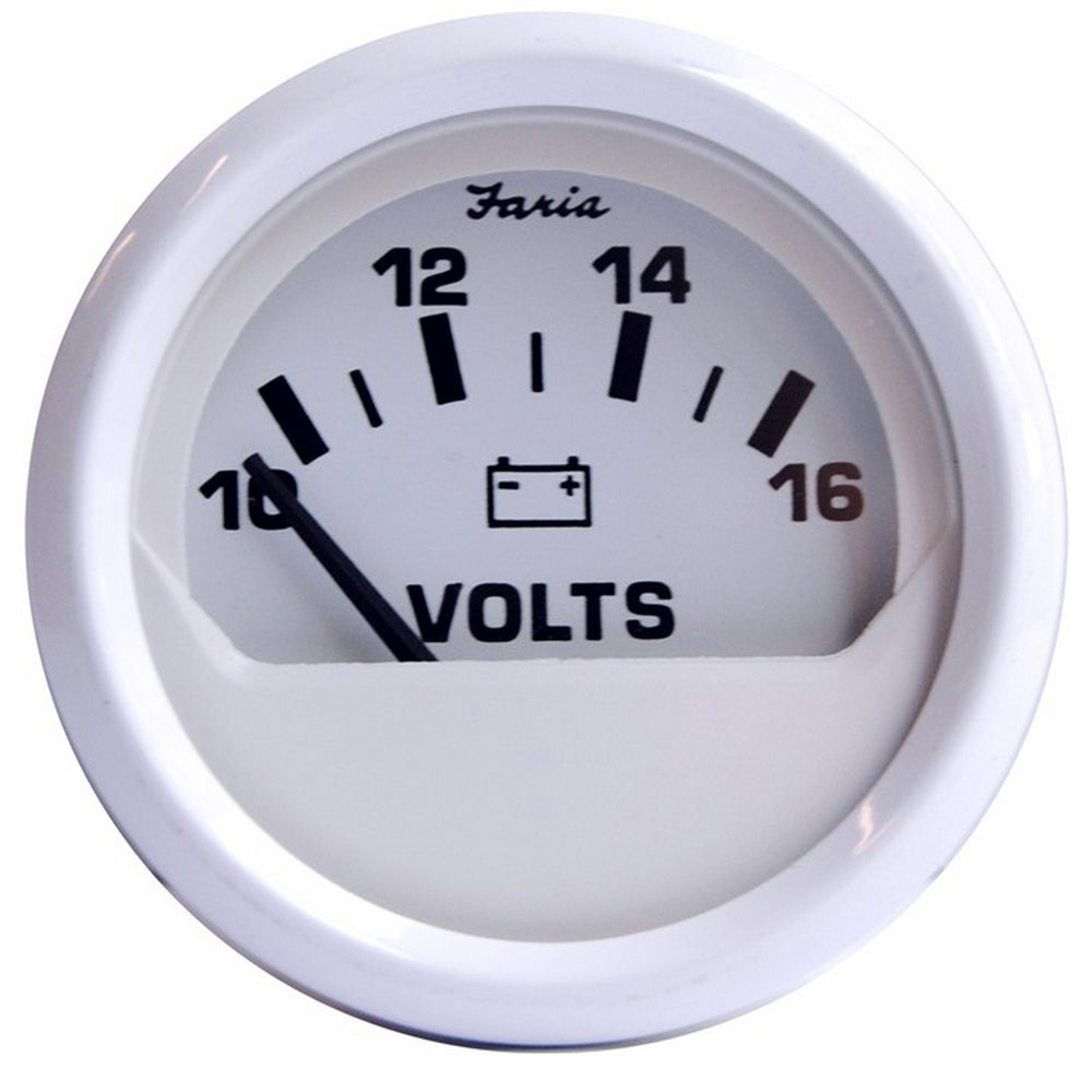 Faria Beede Instruments Faria Dress White 2-inch voltmeter gauge showing 10-16 VDC voltage measurement, mounted on a panel.