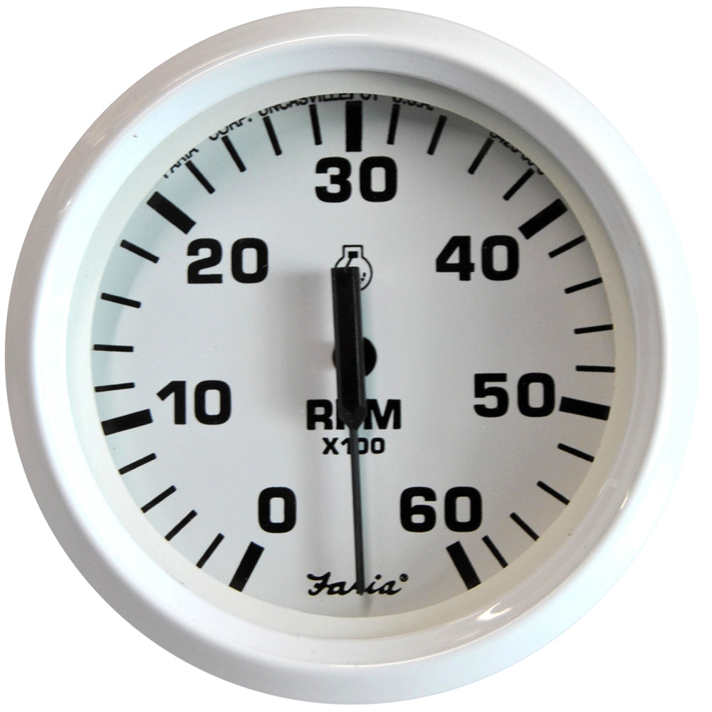 Faria Beede Instruments white 4-inch tachometer gauge displaying up to 6000 RPM for gas-powered inboard or I/O boats.