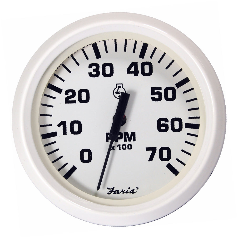 Faria Beede Instruments white 4-inch tachometer gauge showing 0-7000 RPM for gas outboard engines.