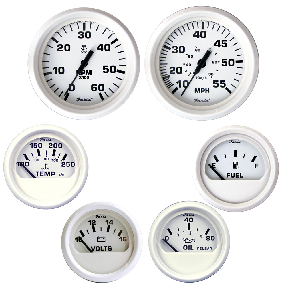 Faria Beede Instruments Faria Dress white boxed set of gauges for inboard motors, displayed with clear dials and branding.