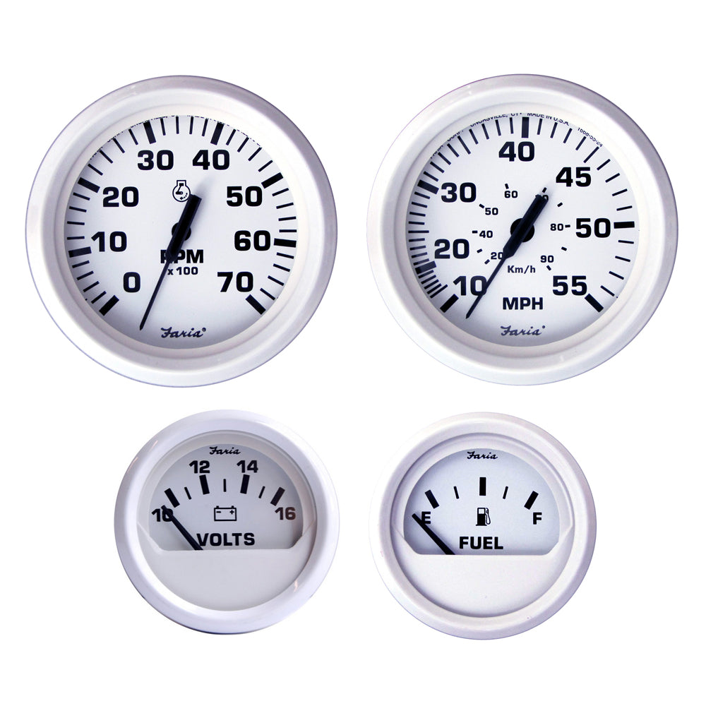 Faria Beede Instruments Faria Dress white boxed set of gauges for outboard motors, showcasing multiple marine gauges.