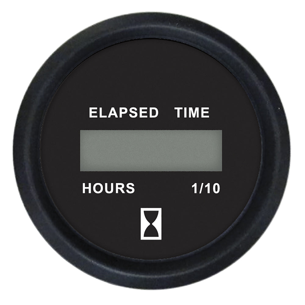Faria Euro Black 2-inch digital hourmeter gauge by Faria Beede Instruments, showing a black face and digital display.