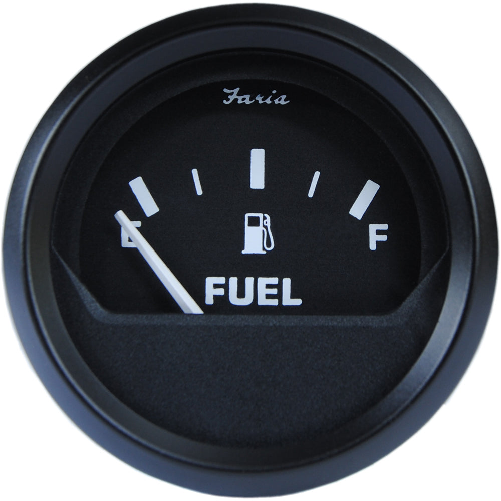 Faria Beede Instruments Euro Black 2" fuel level gauge showing metric measurements and black dial with white markings.