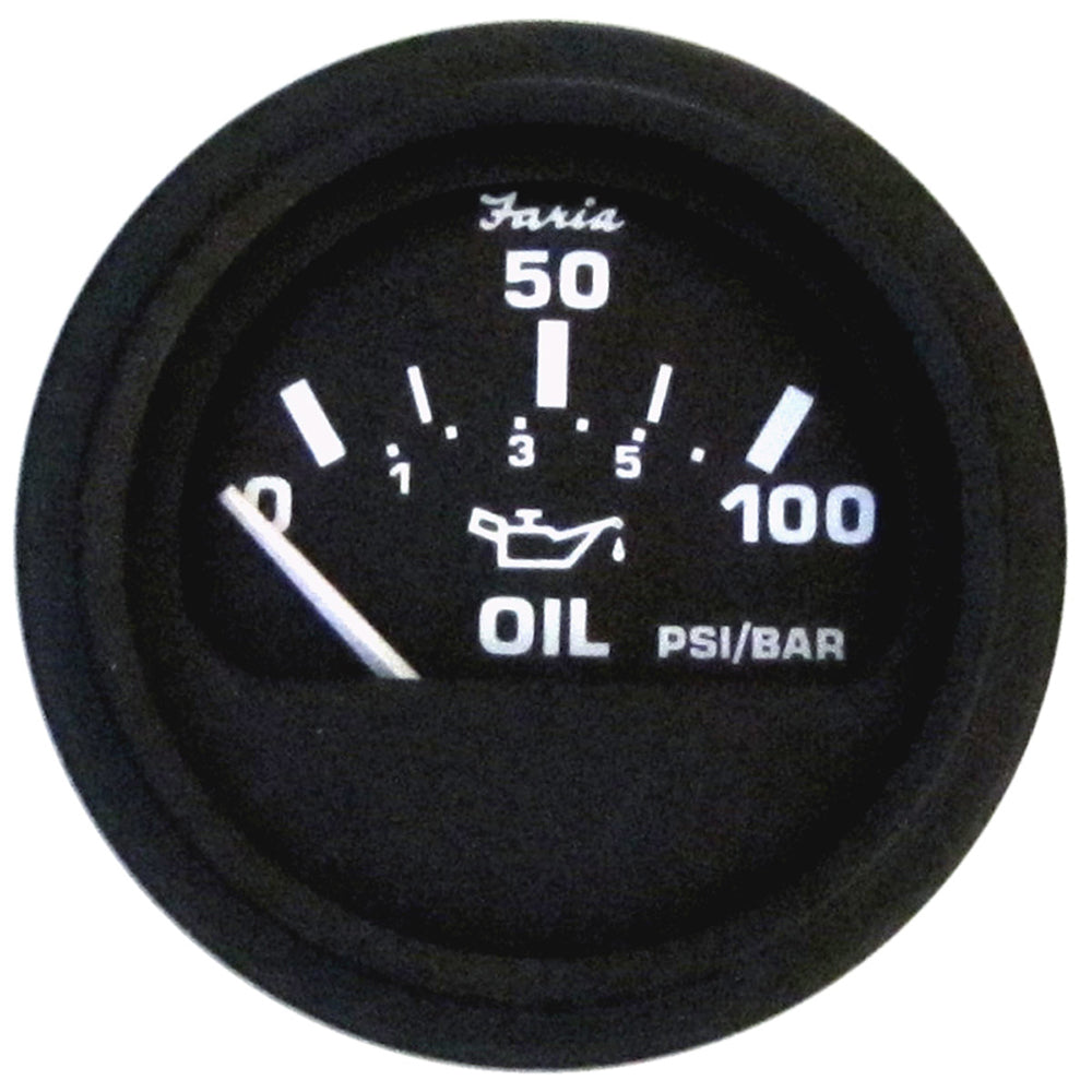 Faria Euro Black 2-inch oil pressure gauge showing 100 PSI for vehicle engine monitoring, by Faria Beede Instruments.
