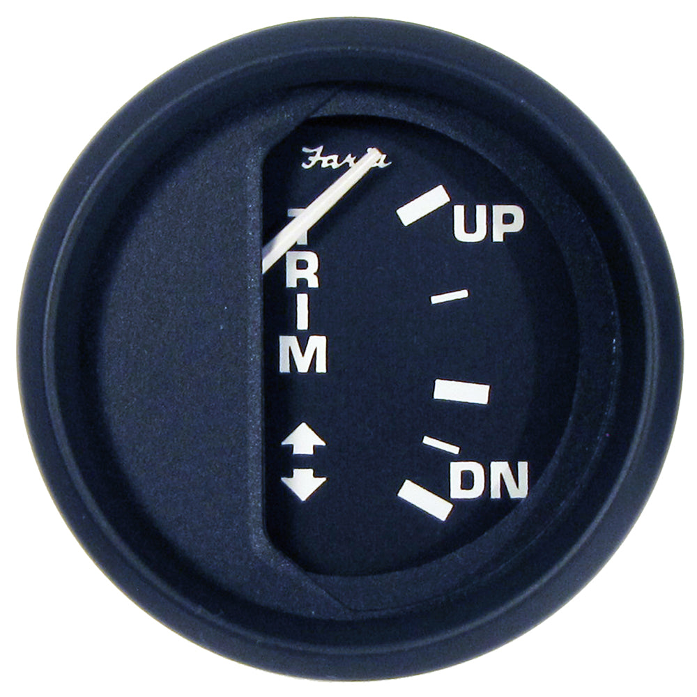 Faria Euro Black 2-inch trim gauge for Mercury, Mariner, Mercruiser, Volvo DP, and Yamaha boats, showing dial and needle.