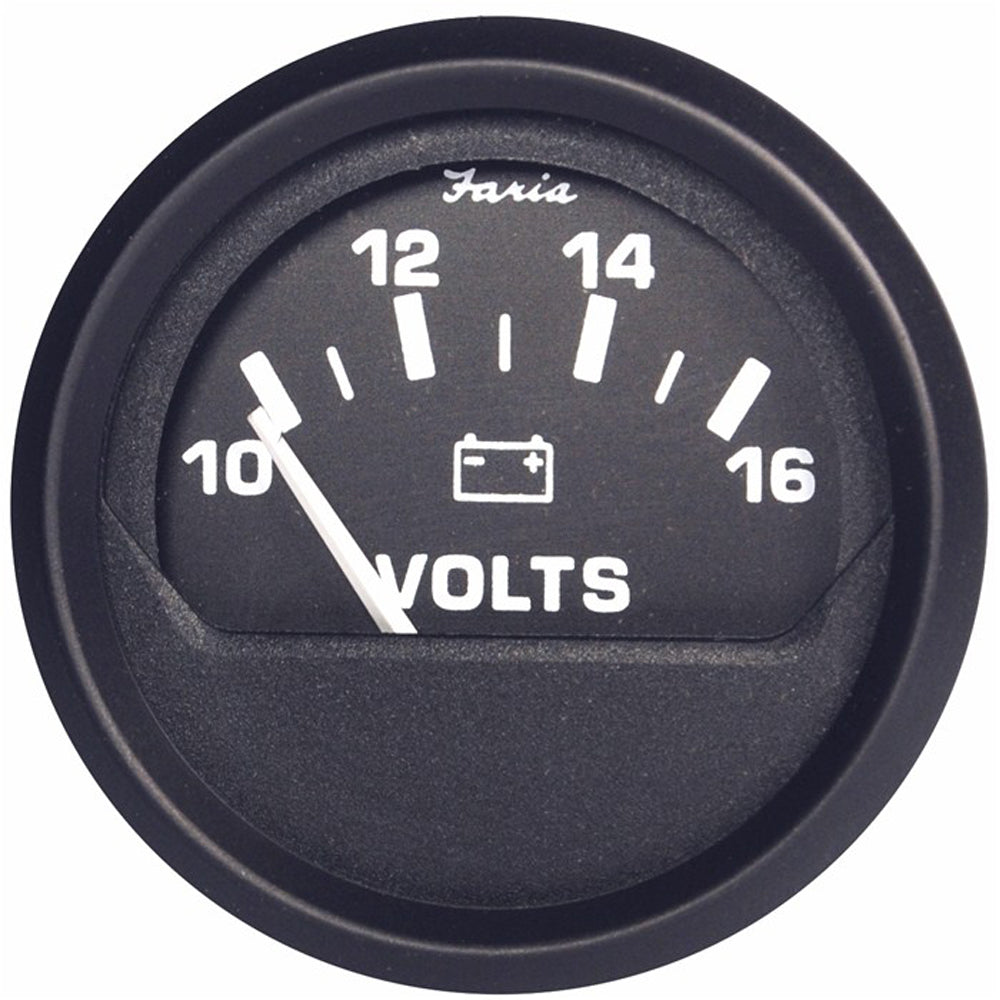 Faria Beede Instruments Euro Black 2-inch voltmeter gauge displaying voltage from 10 to 16V, with black bezel and clear display.