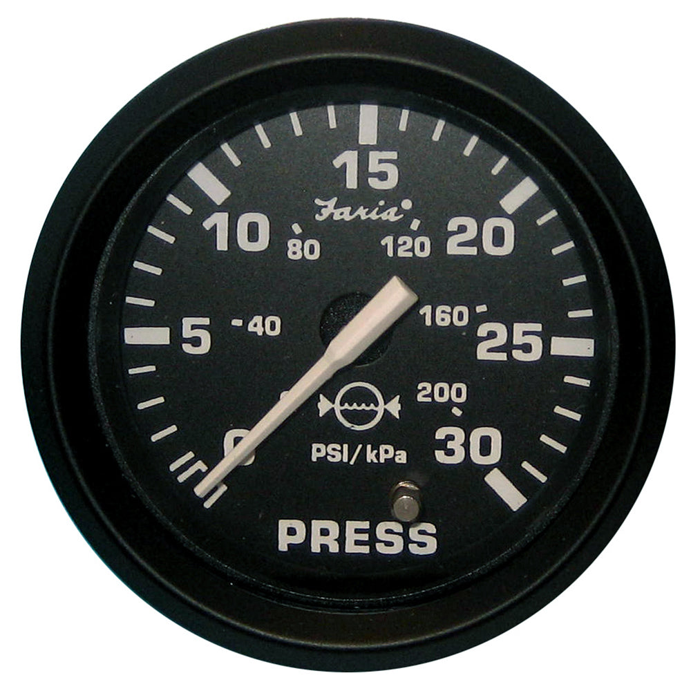 Faria Euro Black 2-inch water pressure gauge showing 30 PSI, manufactured by Faria Beede Instruments.