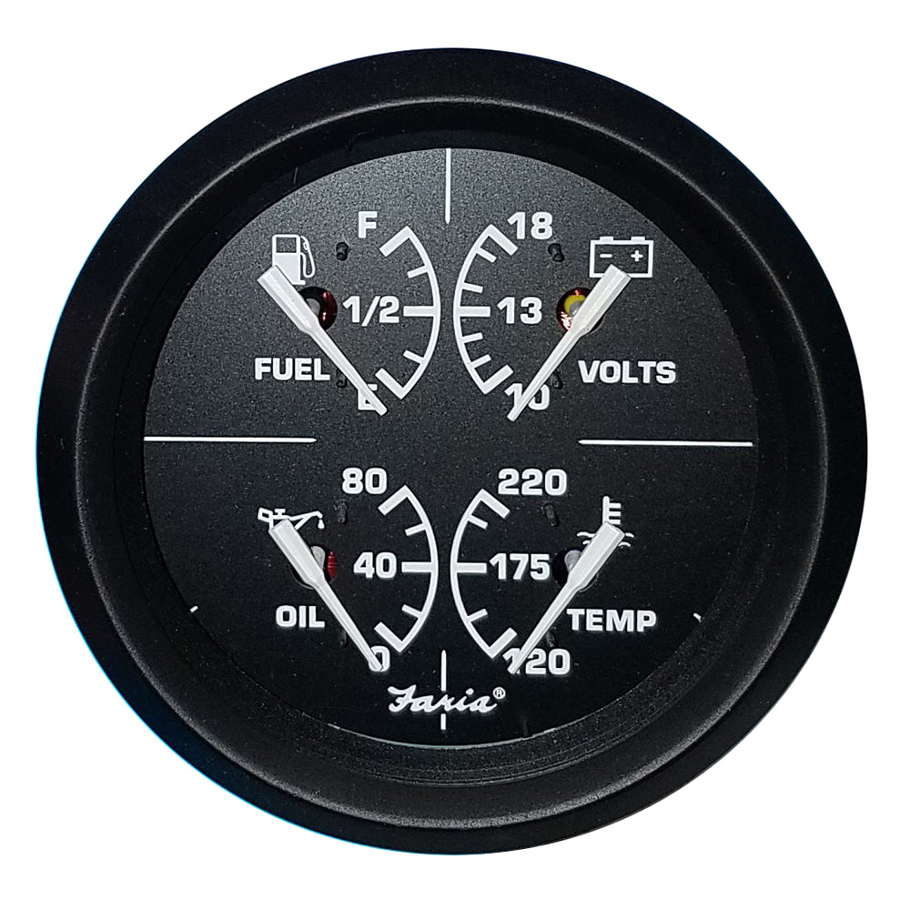 Faria Euro Black 4-inch multifunction gauge displaying volt, fuel, oil, and water temperature readings, branded Faria Beede Instruments.