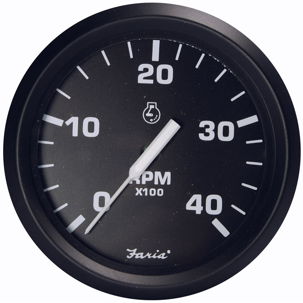 Faria Euro Black 4-inch tachometer gauge for diesel engines, showing RPM dial with magnetic pick-up connection.