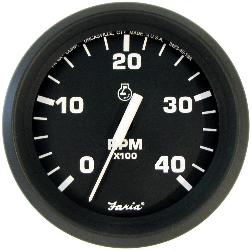 Faria Euro Black 4-inch diesel tachometer gauge by Faria Beede Instruments showing 0-4000 RPM mechanical takeoff