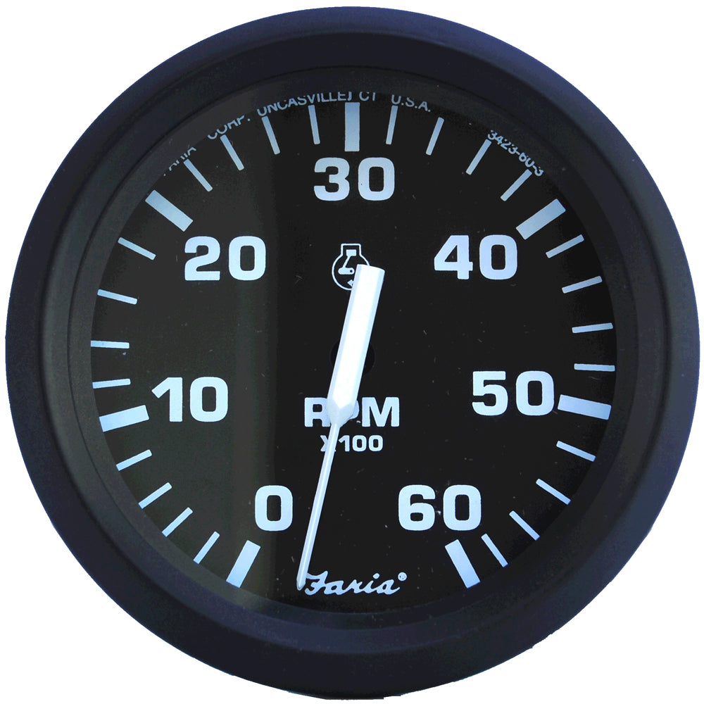 Faria Euro Black 4-inch tachometer gauge displaying 6,000 RPM for gas inboard and I/O boats, manufactured by Faria Beede Instruments.