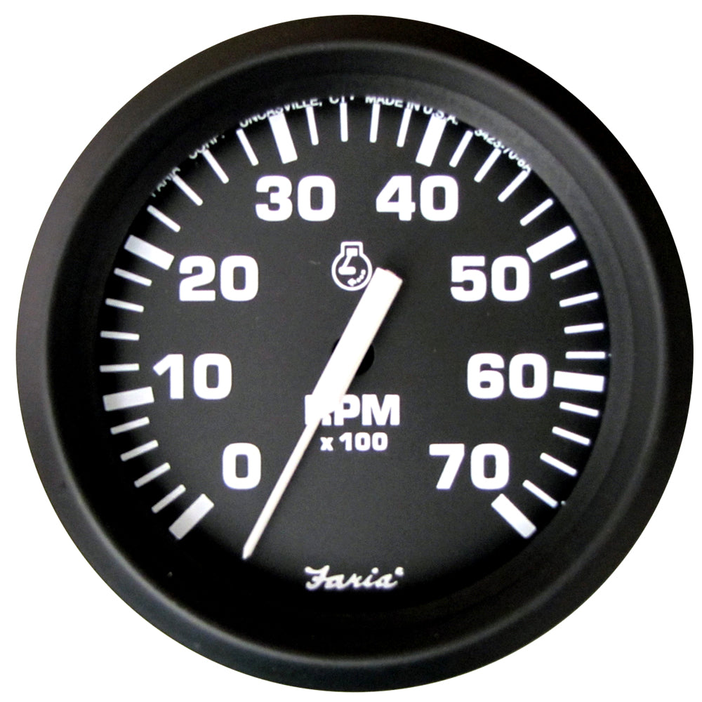 Faria Euro Black 4-inch tachometer gauge showing 7,000 RPM for gas outboard engines, manufactured by Faria Beede Instruments.
