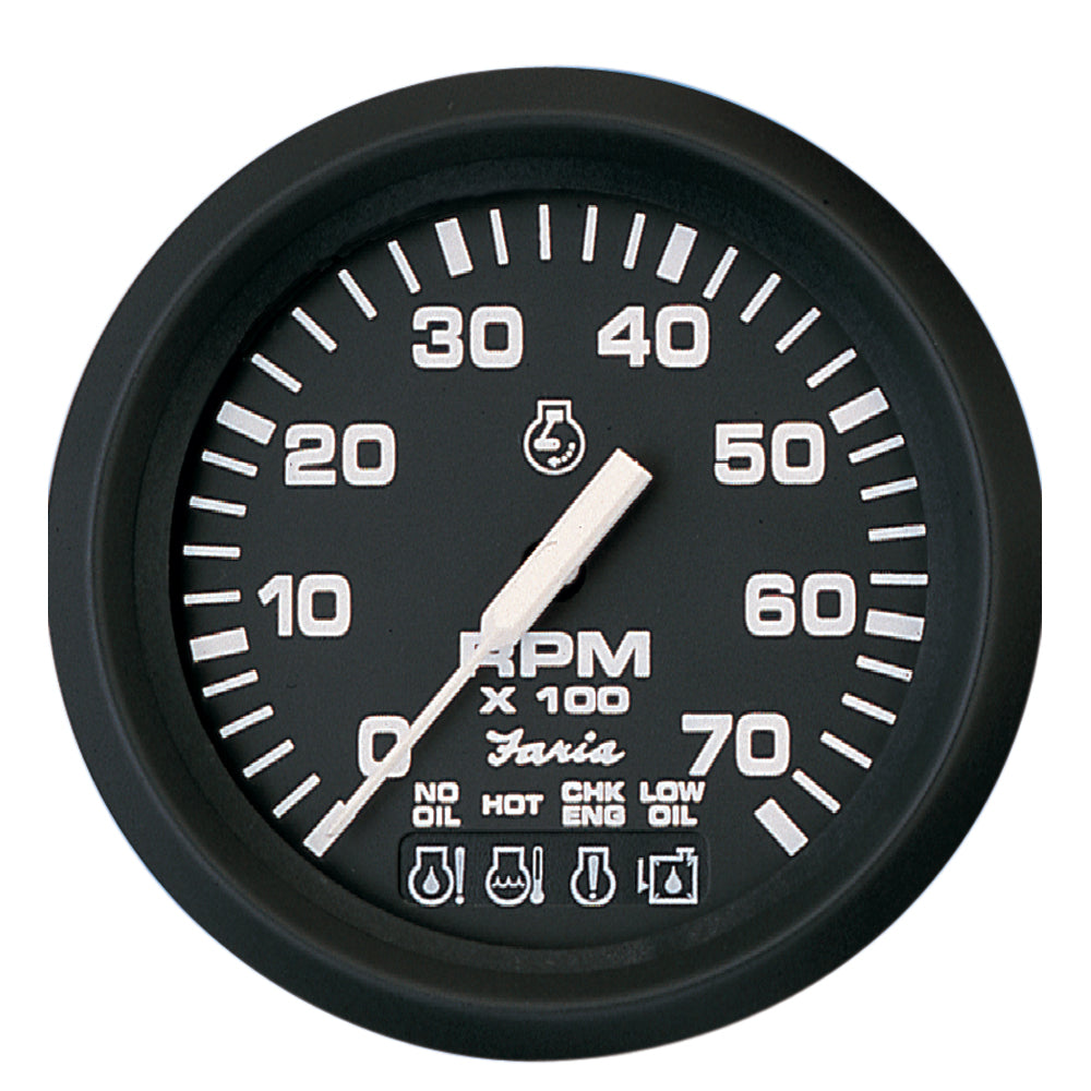 Faria Euro Black 4-inch tachometer gauge with Systemcheck, 7000 RPM for Johnson or Evinrude outboard engines, marine gauge.