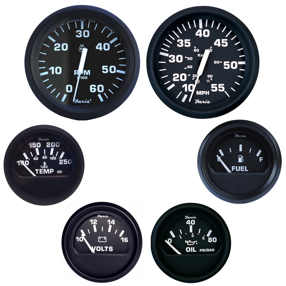 Faria Beede Instruments Euro Black boxed gauge set for inboard motors, includes multiple boat engine gauges, black with clear displays.